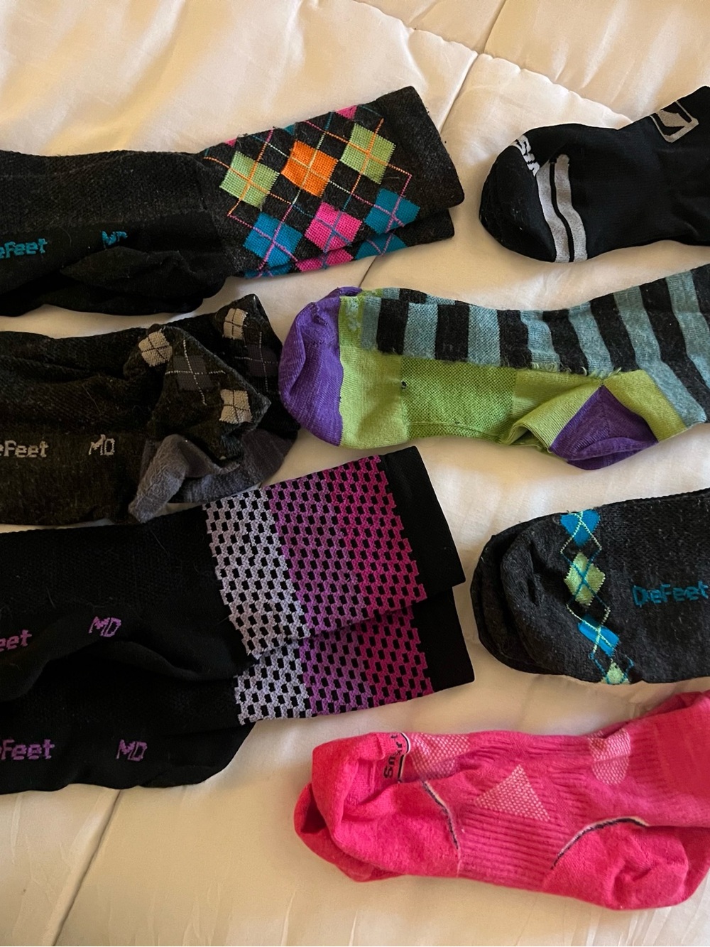 Assorted Colorful Cycling Socks - Defeet, Smartwool, Darn Tough, Nishiki